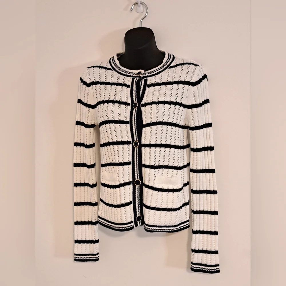 Free Assembly Black & White Striped Knit Long Sleeve Cardigan Sweater Size XS